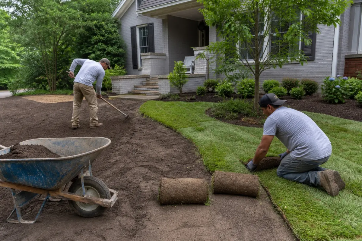 Outdoor crew grading and laying sod in a Raleigh yard