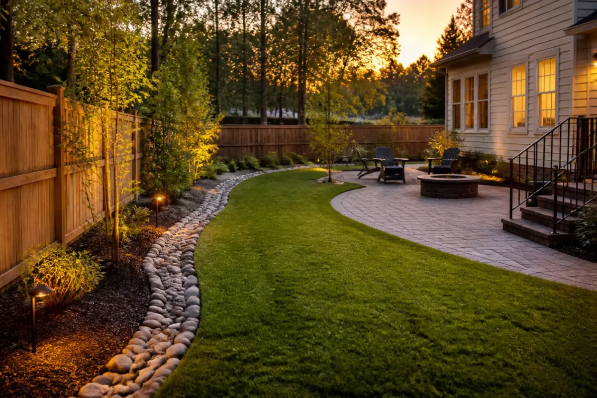 Finished Triangle backyard with sod, stone beds, patio, and lighting